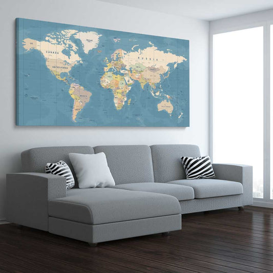 World Map stretched canvas displayed from an angle in a room is a high quality print in our city skyline, travel prints and maps collection