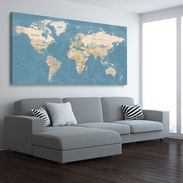 World Map stretched canvas displayed from an angle in a room is a high quality print in our city skyline, travel prints and maps collection