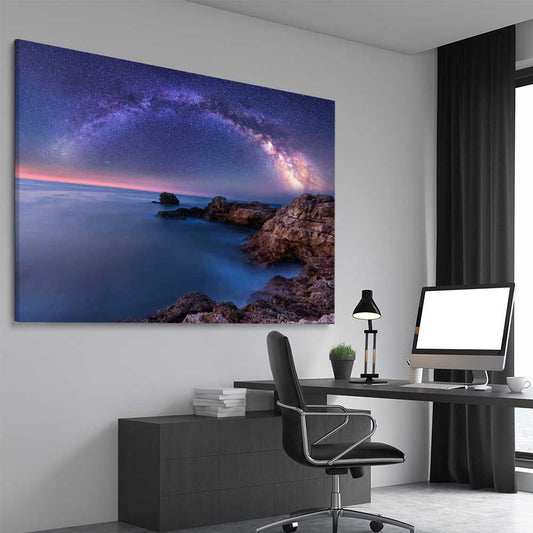 Space prints and wall art of Night Milky Way on a stretched canvas displayed from an angle in a room