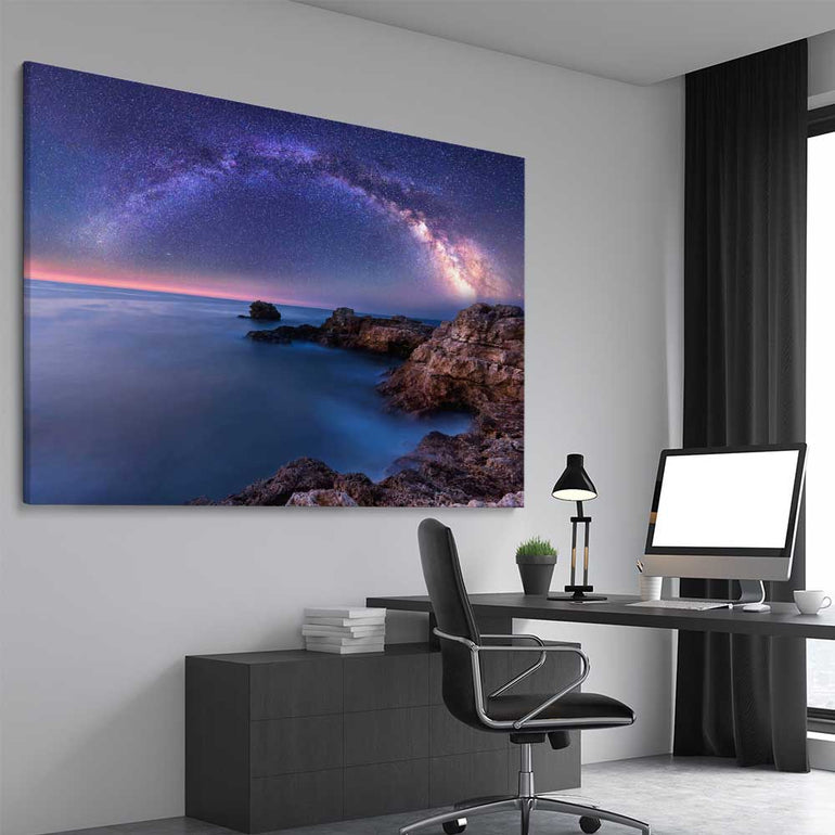 Space prints and wall art of Night Milky Way on a stretched canvas displayed from an angle in a room