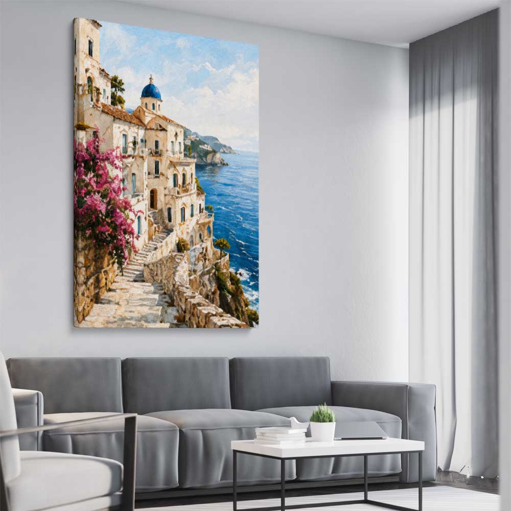 Amalfi Morning stretched canvas displayed from an angle in a room is a high quality print in our city skyline, travel prints and maps collection