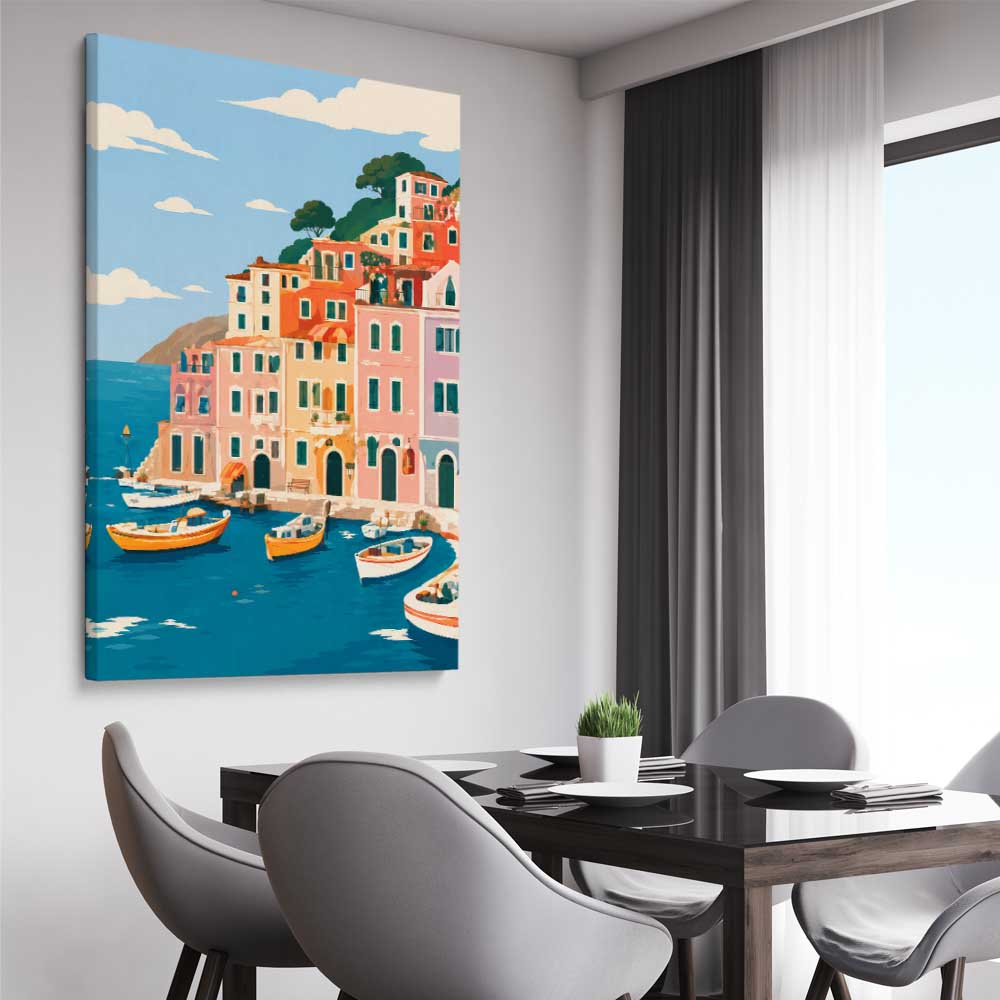 Harbour Days stretched canvas displayed from an angle in a room is a high quality print in our city skyline, travel prints and maps collection