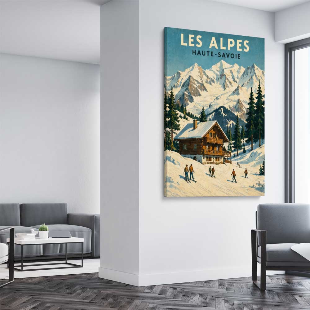 Les Alpes stretched canvas displayed from an angle in a room is a high quality print in our city skyline, travel prints and maps collection