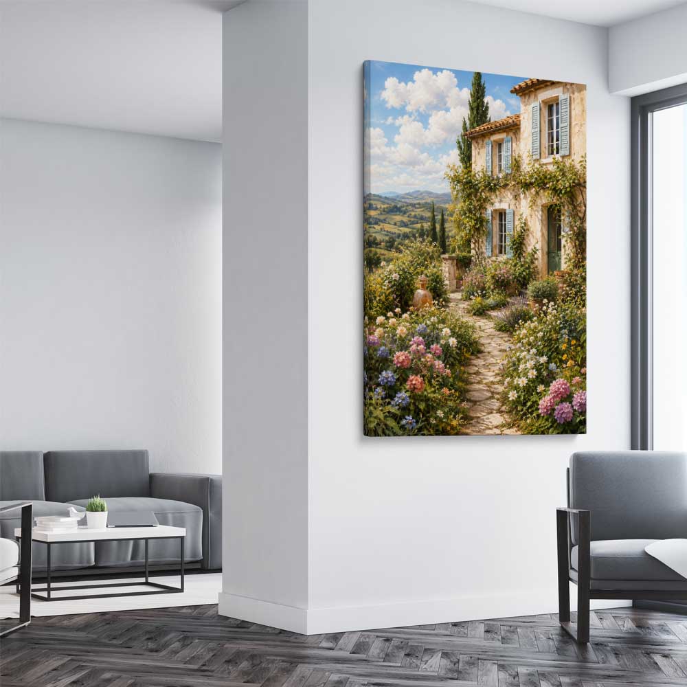Provence In Bloom stretched canvas displayed from an angle in a room is a high quality print in our city skyline, travel prints and maps collection