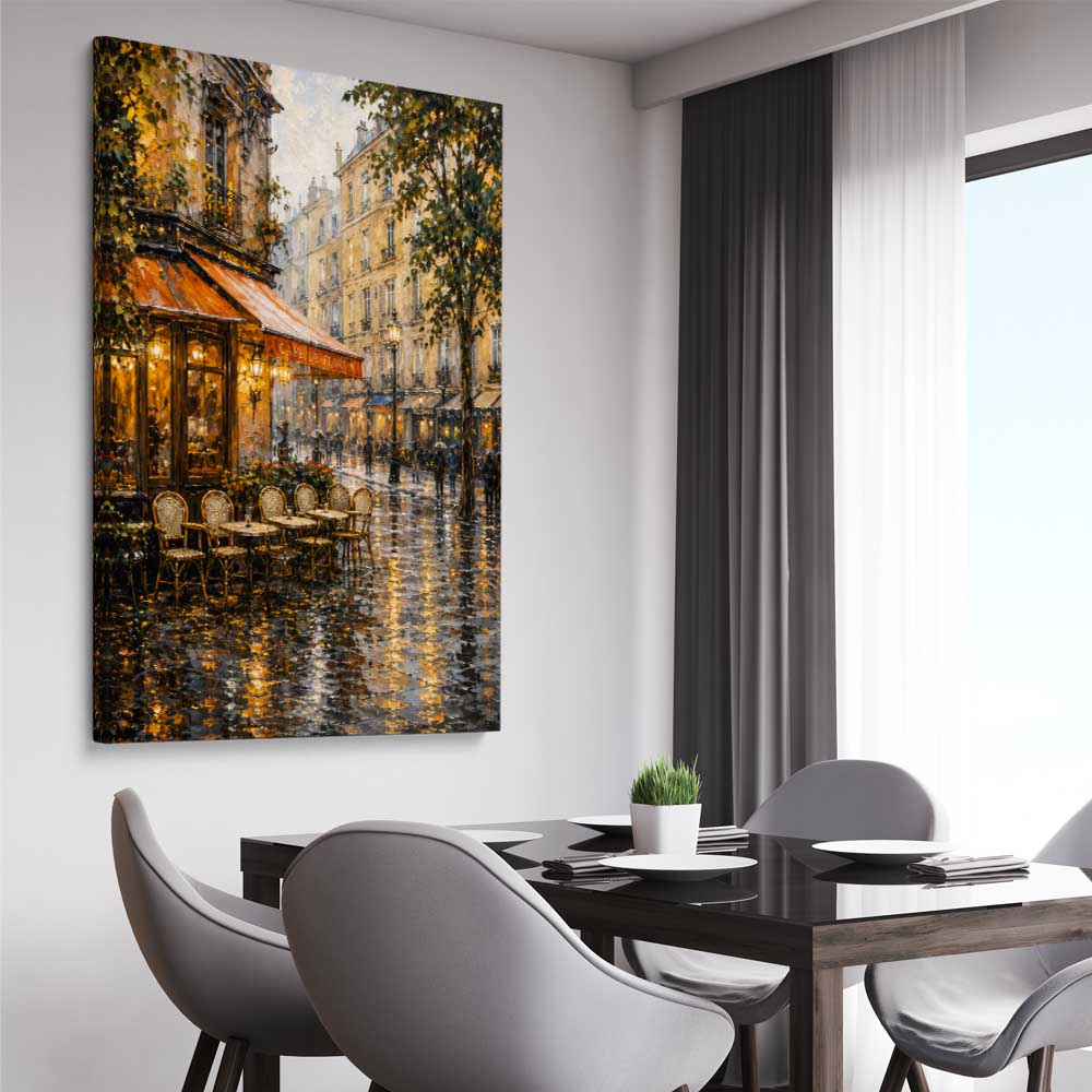 Rainy Paris Cafe stretched canvas displayed from an angle in a room is a high quality print in our city skyline, travel prints and maps collection