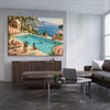 Riviera Poolside stretched canvas displayed from an angle in a room is a high quality print in our city skyline, travel prints and maps collection