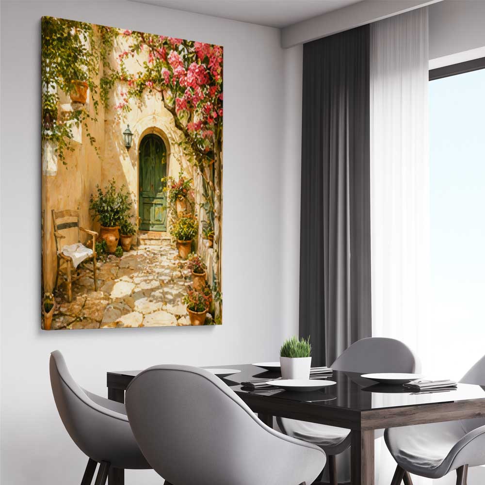 Sunlit Courtyard stretched canvas displayed from an angle in a room is a high quality print in our city skyline, travel prints and maps collection