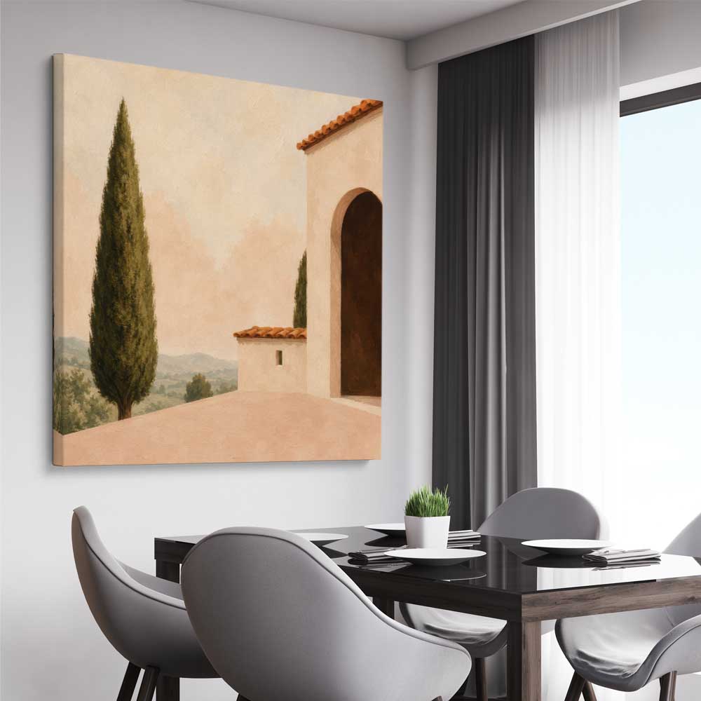 Tuscan Morning stretched canvas displayed from an angle in a room is a high quality print in our city skyline, travel prints and maps collection