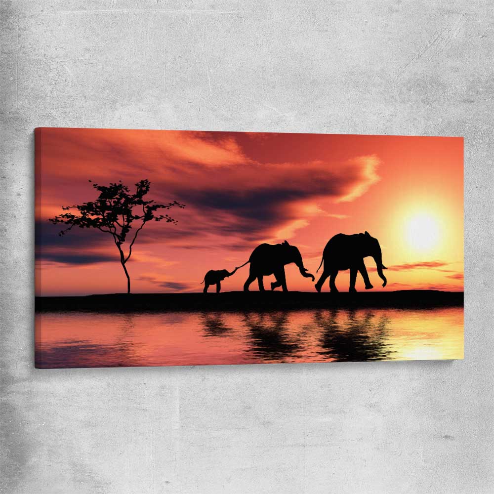 Animal wall art and canvas prints of Elephant Family Dawn on a stretched canvas