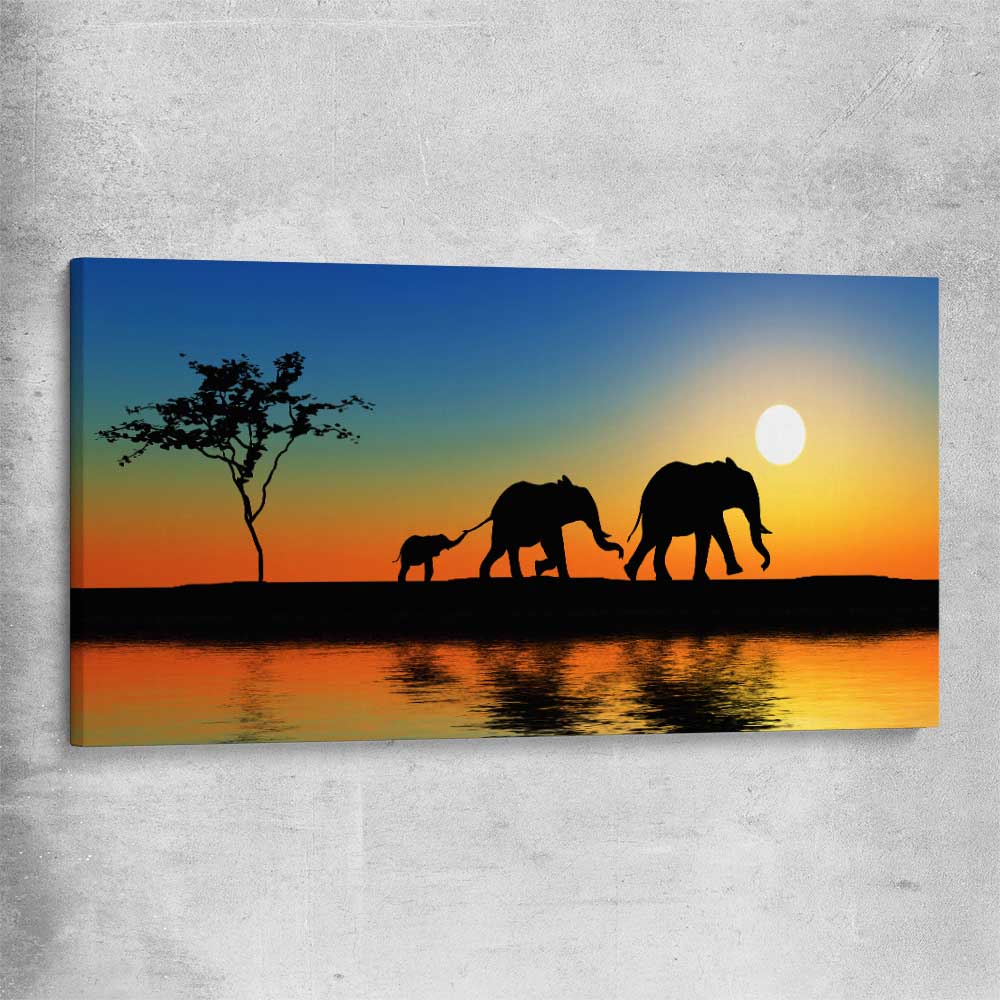 Animal wall art and canvas prints of Elephant Family on a stretched canvas