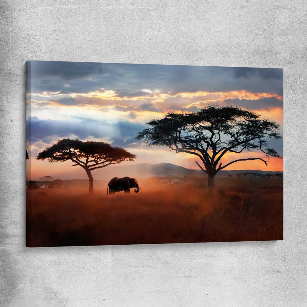 Animal wall art and canvas prints of Golden Savannah Journey on a stretched canvas