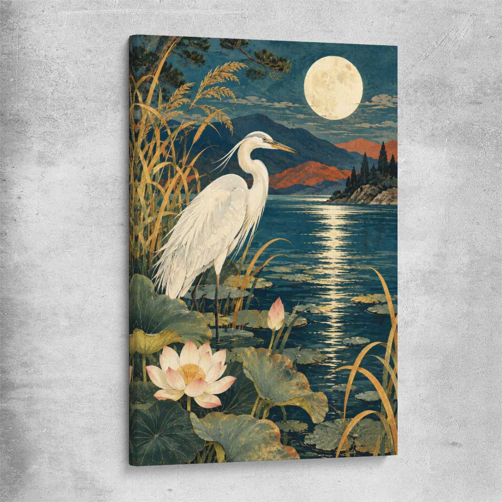 Animal wall art and canvas prints of Moonlit Heron on a stretched canvas