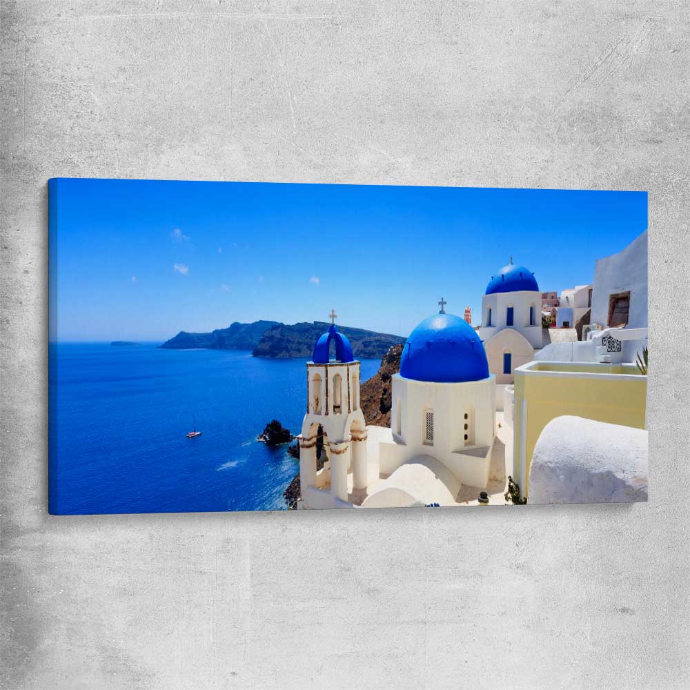 Beach and coastal wall art print of Santorini Cliffside on a stretched canvas