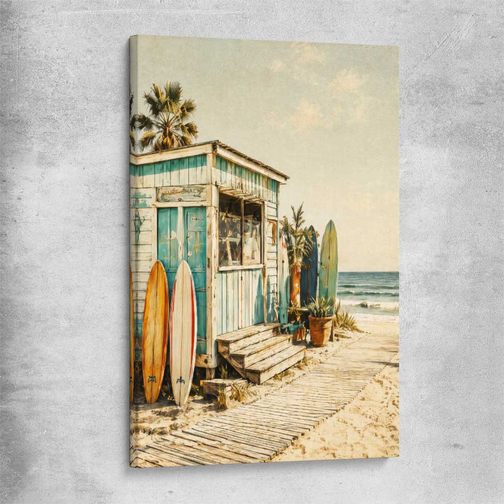 Beach and coastal wall art print of Seaside Surf Shack on a stretched canvas