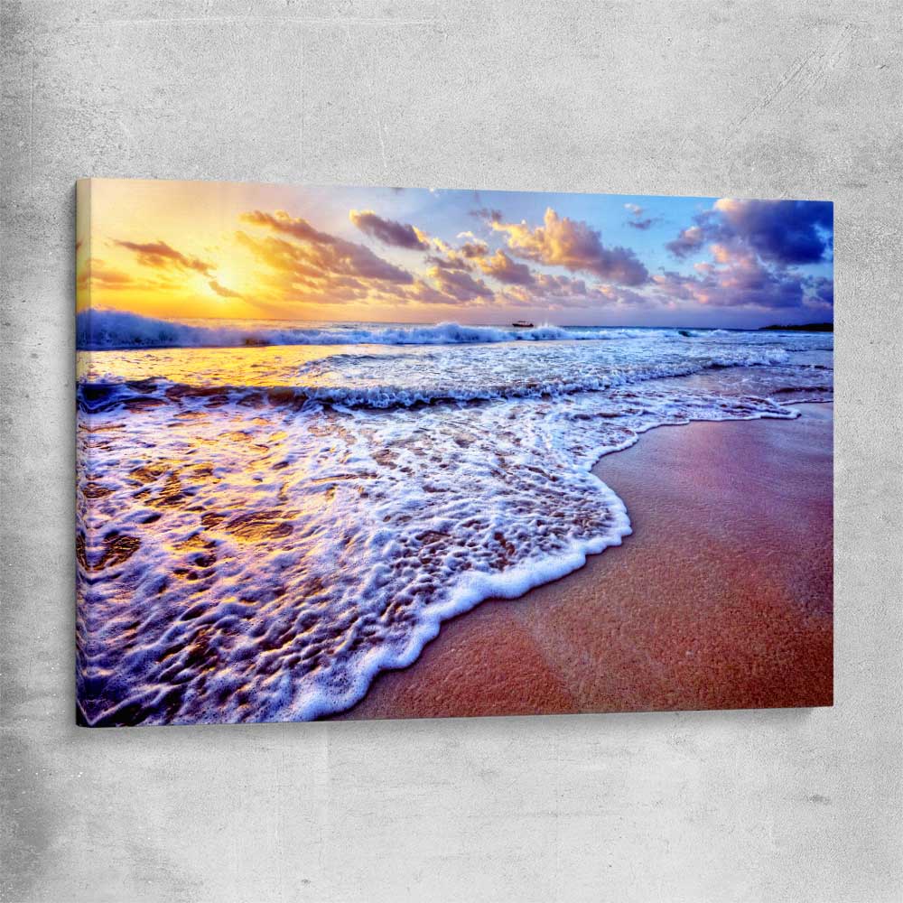 Beach and coastal wall art print of Sunset Coastal Glow on a stretched canvas