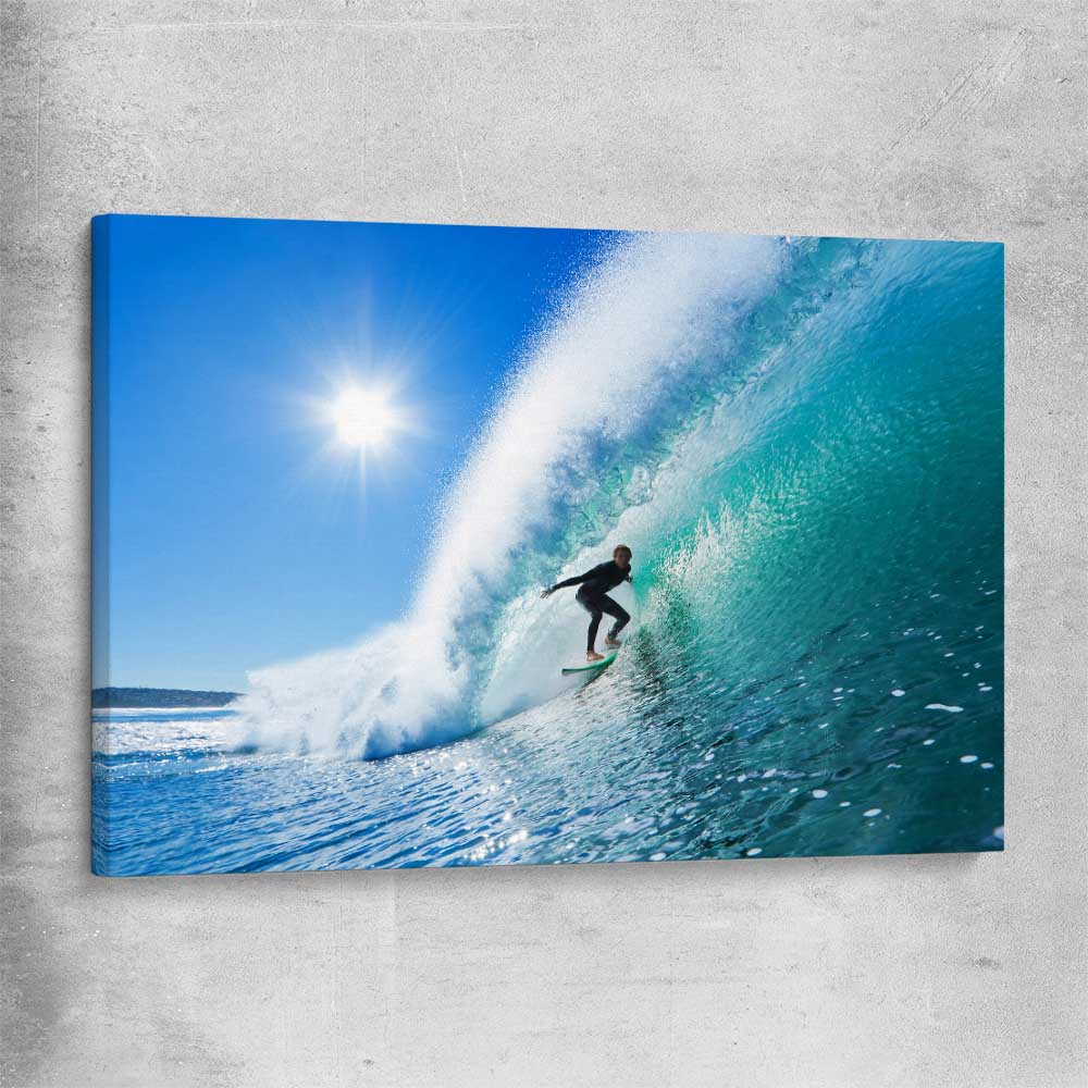 Beach and coastal wall art print of Blue Ocean Surfer on a stretched canvas