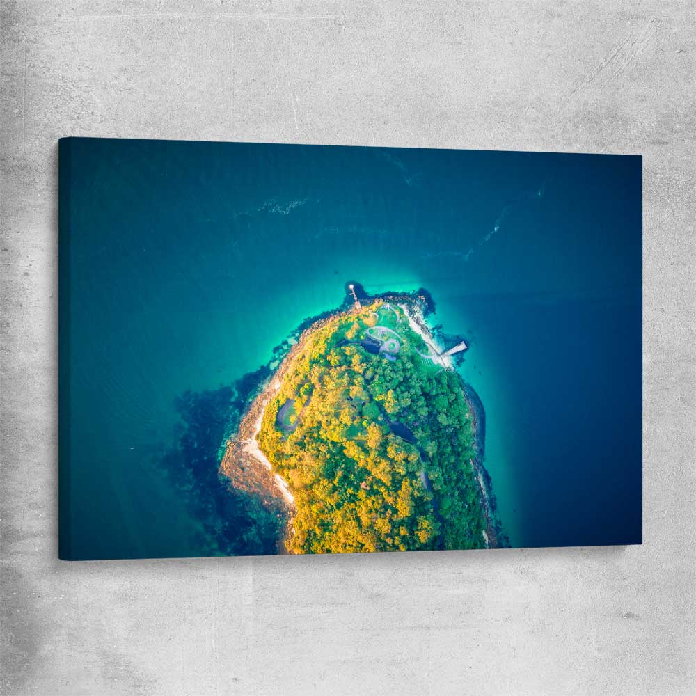 Beach and coastal wall art print of Bradleys Head Aerial on a stretched canvas