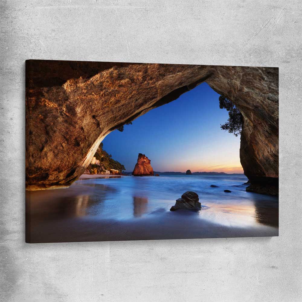 Beach and coastal wall art print of Cathedral Cove New Zealand on a stretched canvas