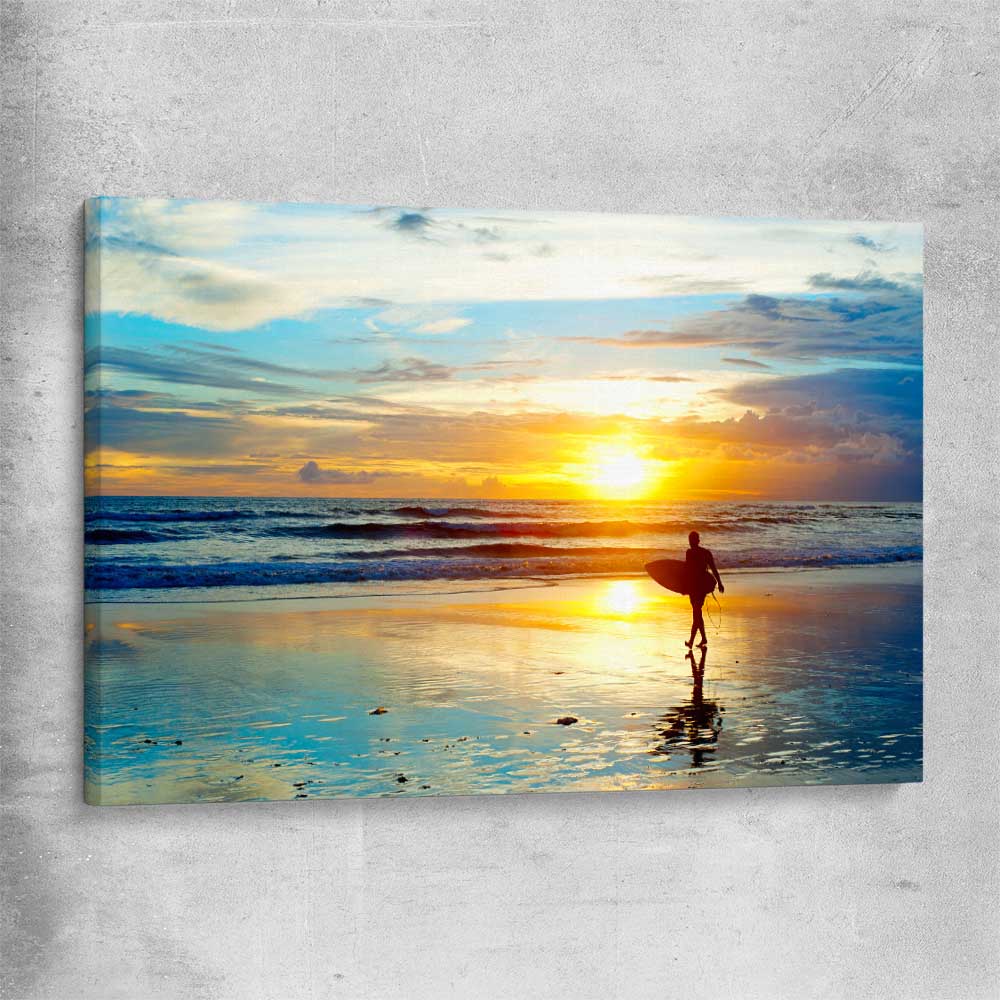 Beach and coastal wall art print of Last Surf at Sunset on a stretched canvas