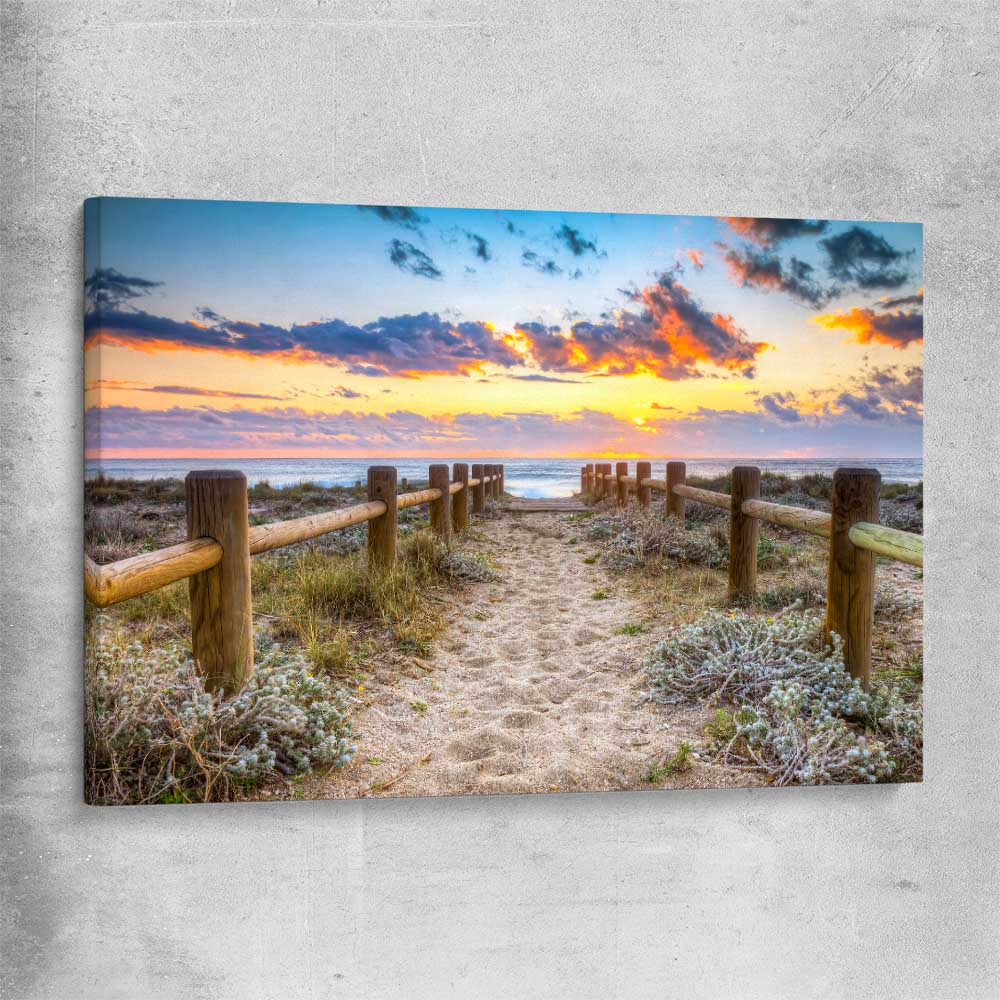 Beach and coastal wall art print of Quiet Sunset Walk on a stretched canvas