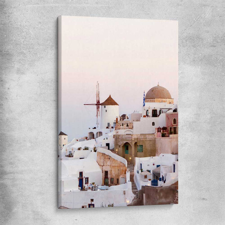 Beach and coastal wall art print of Santorini Windmill on a stretched canvas