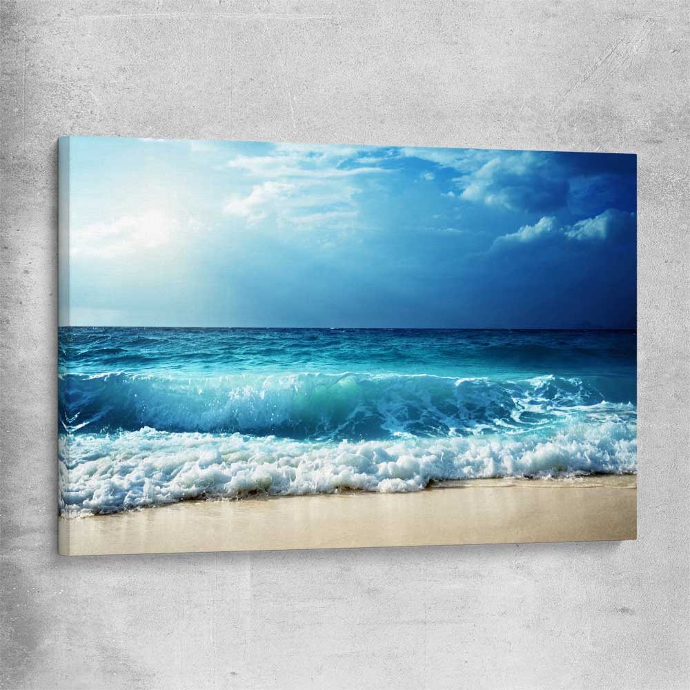 Beach and coastal wall art print of Seychelles Beach Waves on a stretched canvas