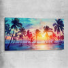 Beach and coastal wall art print of Sunset Palm Glow on a stretched canvas