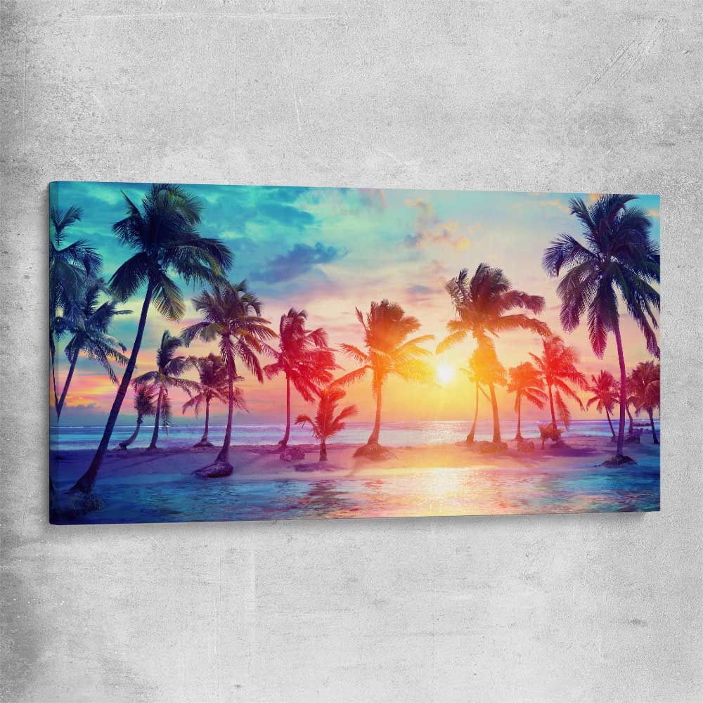 Beach and coastal wall art print of Sunset Palm Glow on a stretched canvas