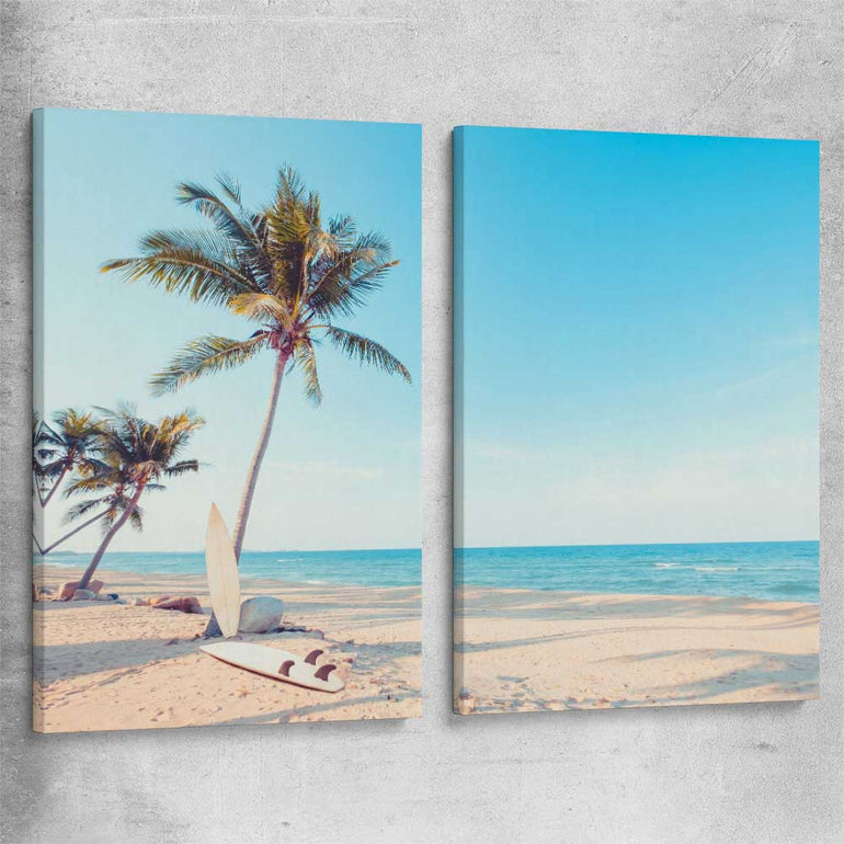 Beach and coastal wall art print of Surfing Break Pair on a stretched canvas