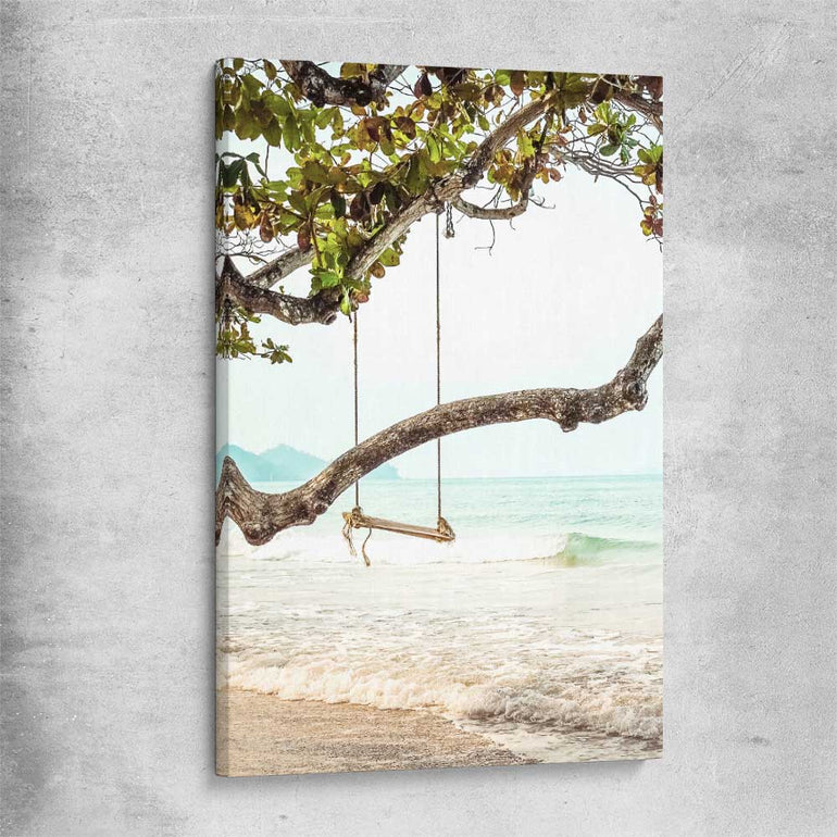 Beach and coastal wall art print of Tropical Swing on a stretched canvas