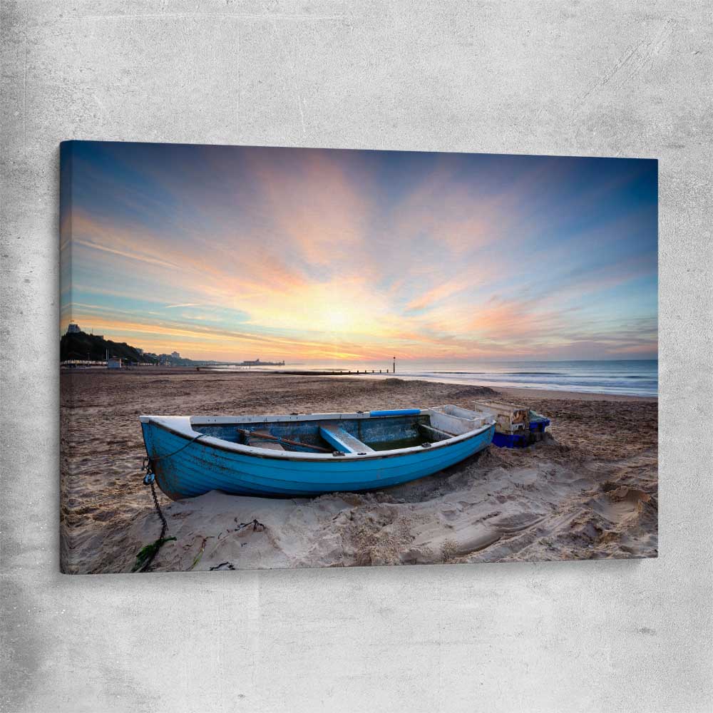 Beach and coastal wall art print of Vintage Fishing Boat on a stretched canvas