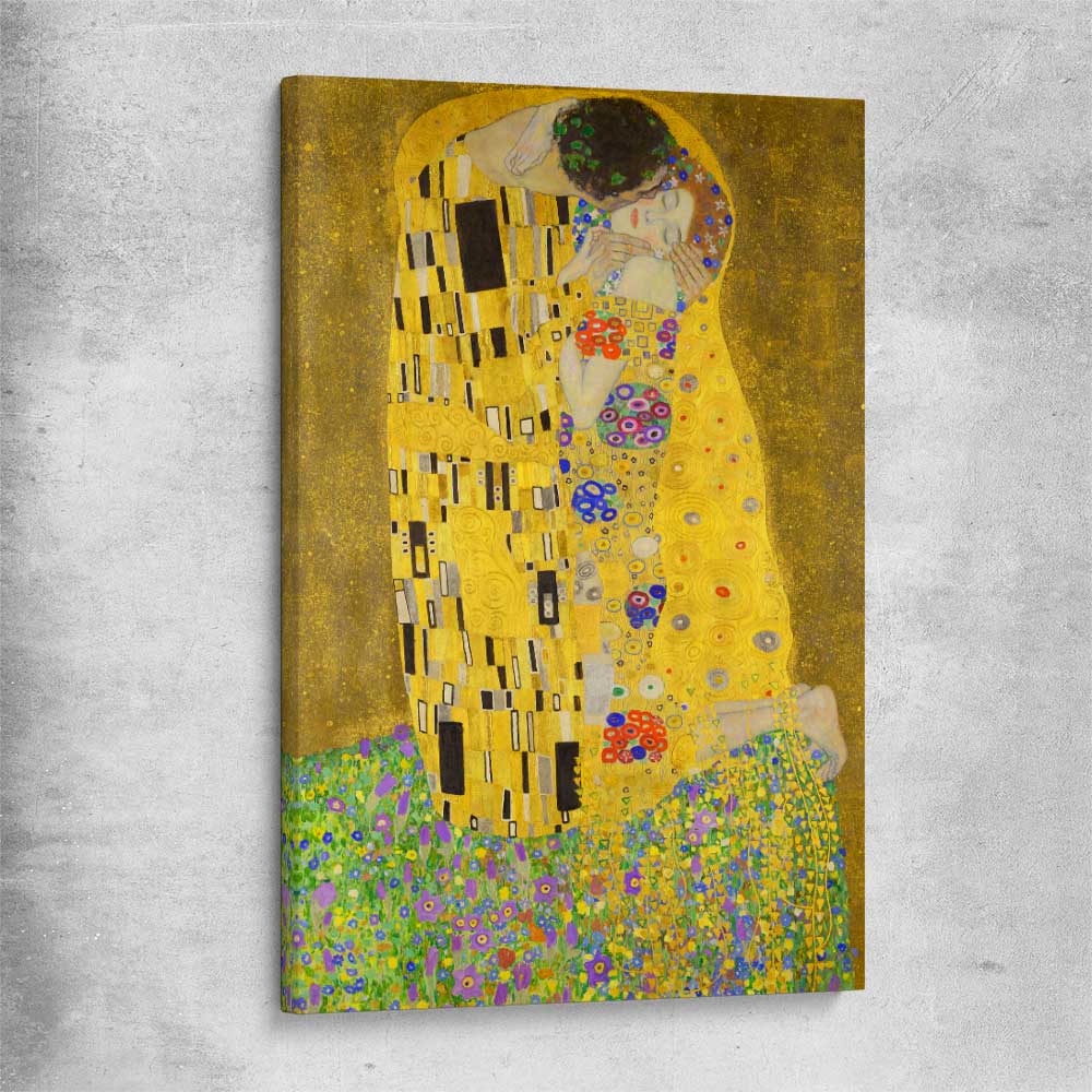 Classic wall art and canvas print of The Kiss Gustav Klimt on a stretched canvas