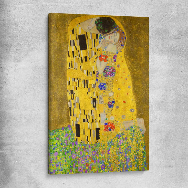 Classic wall art and canvas print of The Kiss Gustav Klimt on a stretched canvas