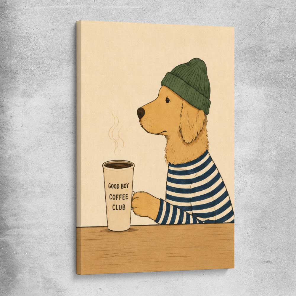 Inspirational wall art print of Good Boy Coffee on a stretched canvas