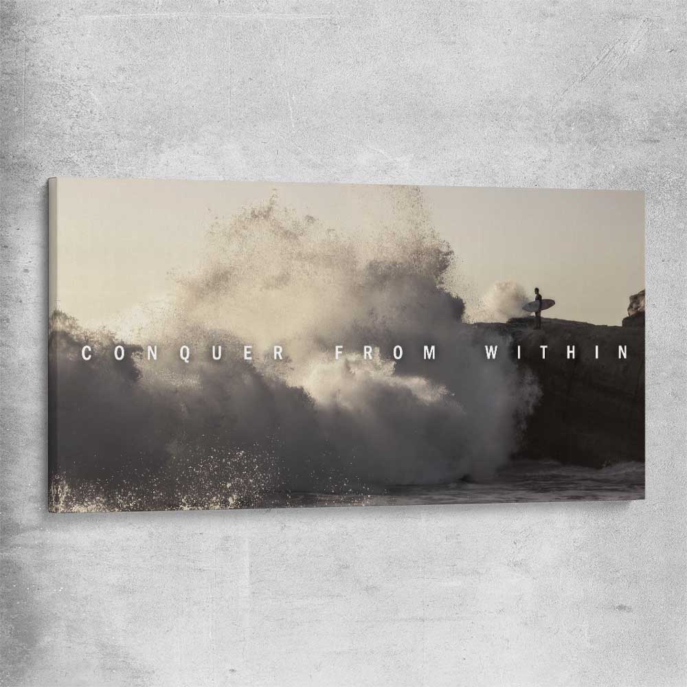 Inspirational wall art print of Conquer on a stretched canvas