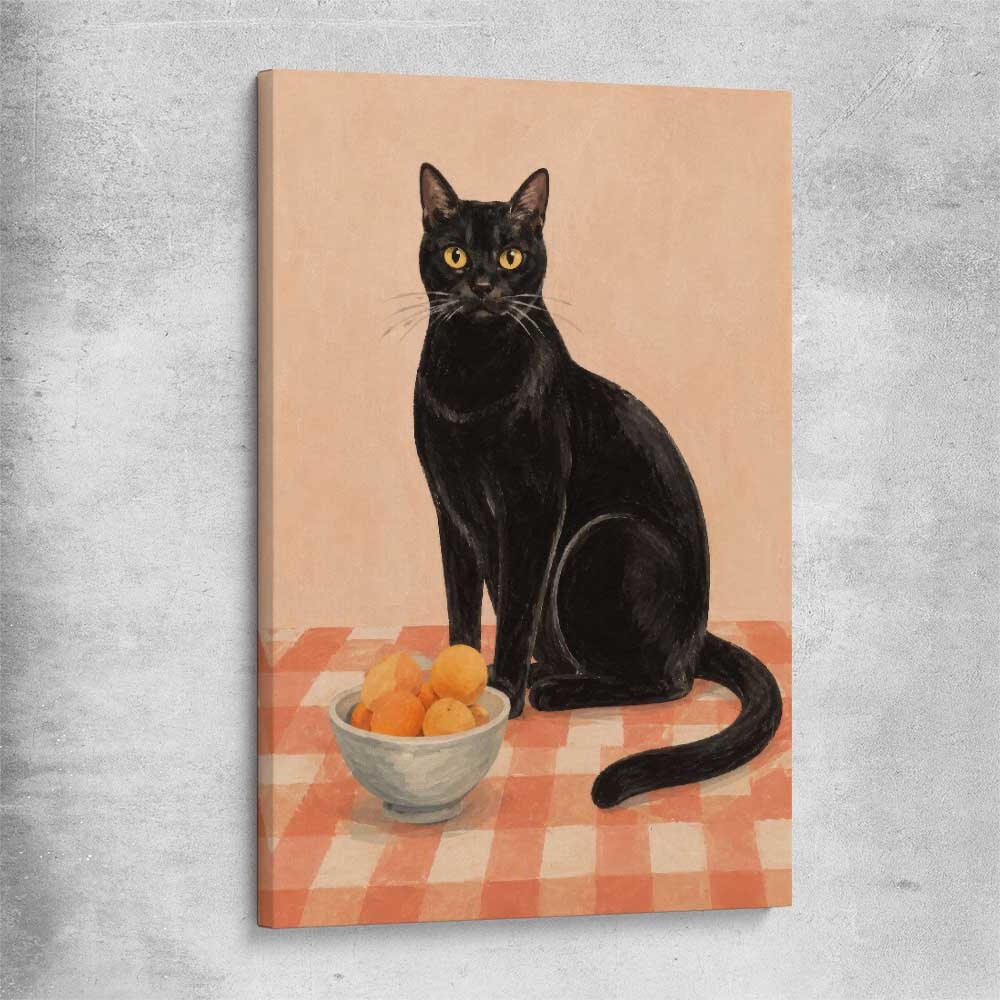 Black Cat and Peaches stretched canvas is a colourful and stylish canvas wall art and print suited for the kitchen area