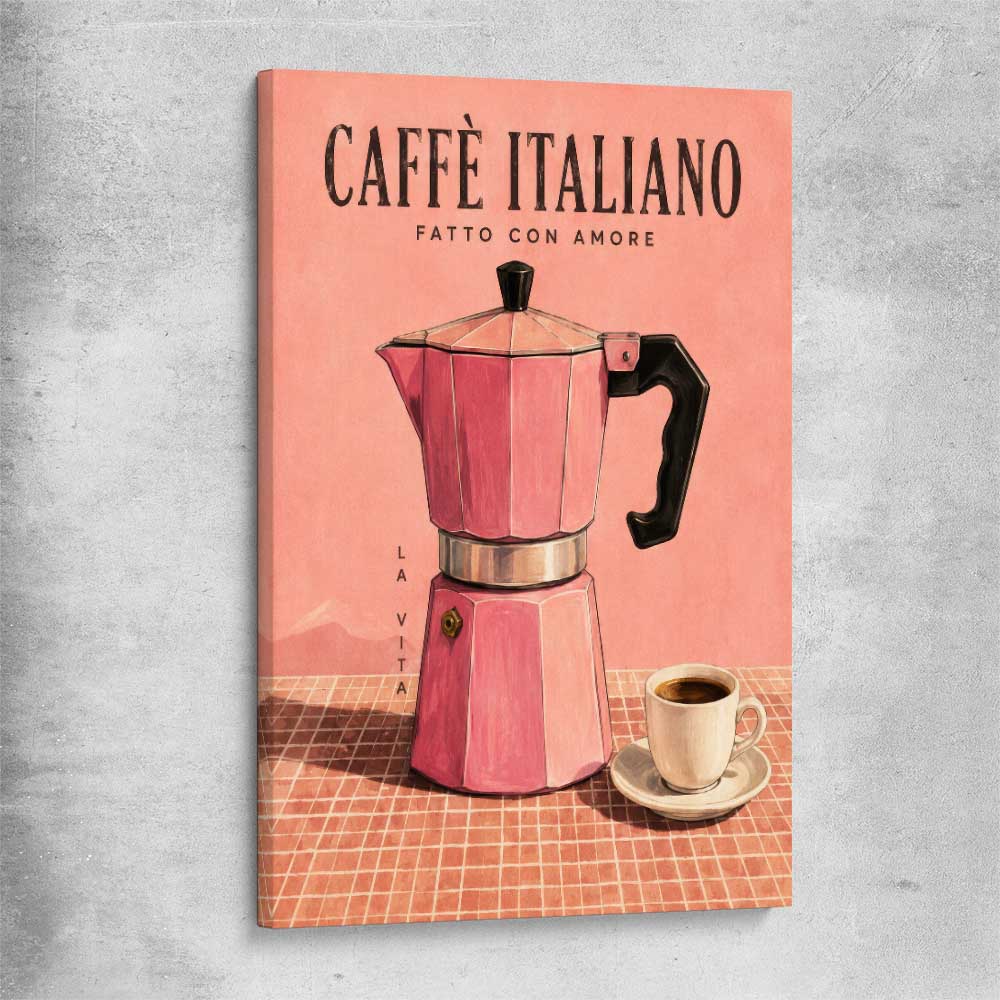 Caffe Italiano stretched canvas is a colourful and stylish canvas wall art and print suited for the kitchen area