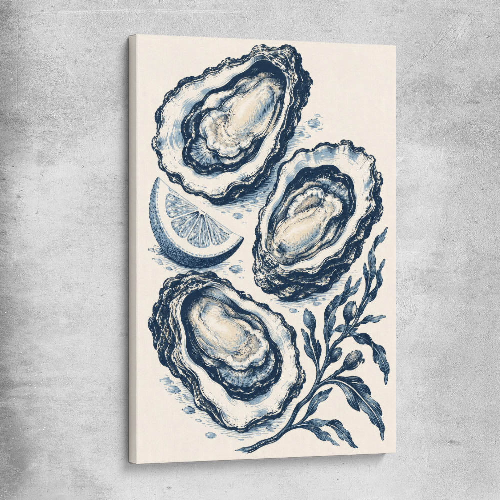 Coastal Indigo Oysters stretched canvas is a colourful and stylish canvas wall art and print suited for the kitchen area