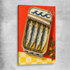 Golden Sardine Tin stretched canvas is a colourful and stylish canvas wall art and print suited for the kitchen area