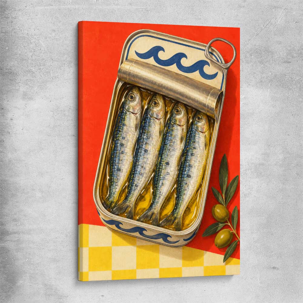 Golden Sardine Tin stretched canvas is a colourful and stylish canvas wall art and print suited for the kitchen area