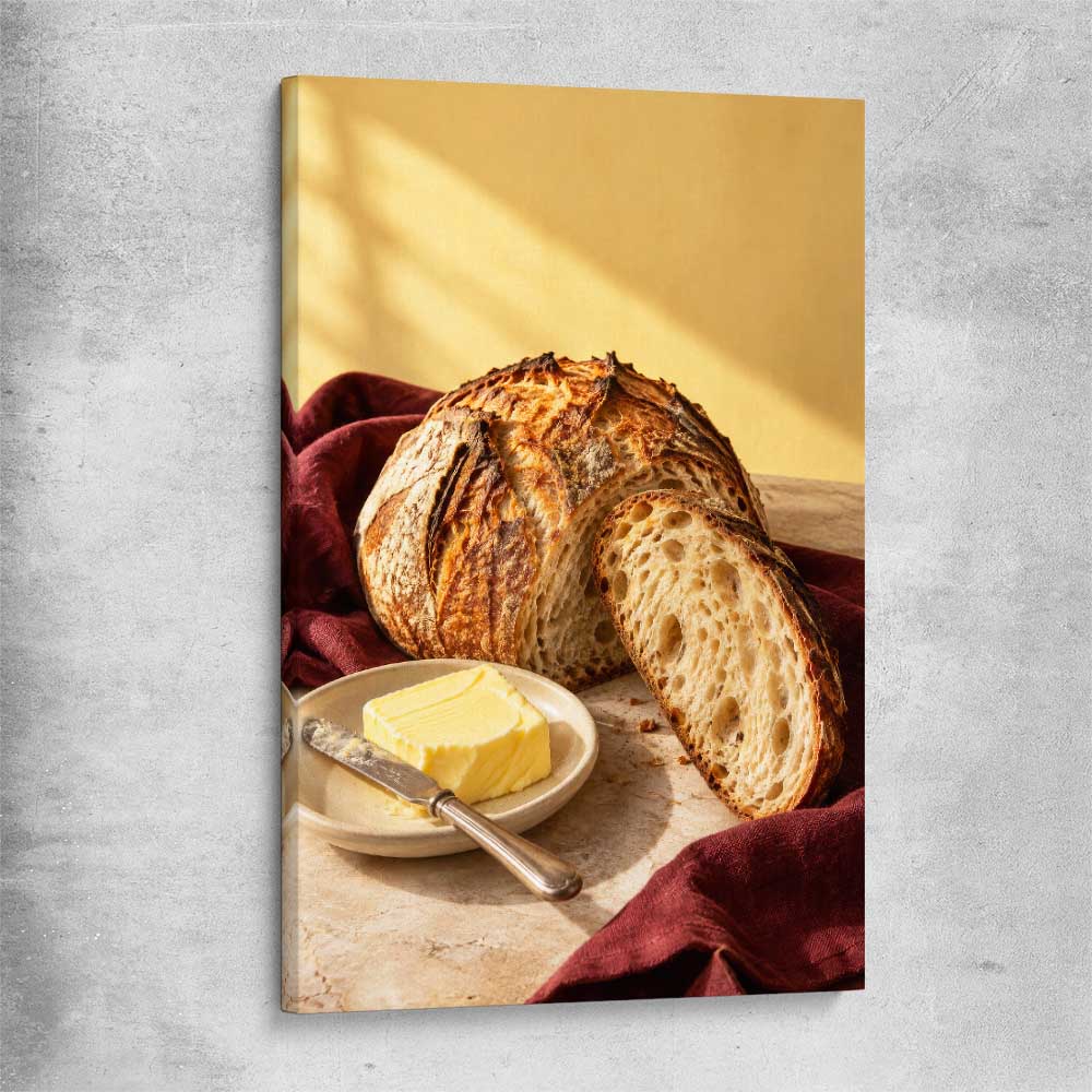 Morning Sourdough stretched canvas is a colourful and stylish canvas wall art and print suited for the kitchen area