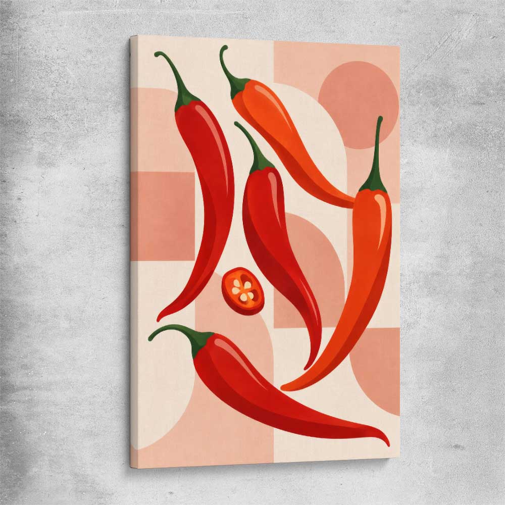 Scarlet Chilli Rhythm stretched canvas is a colourful and stylish canvas wall art and print suited for the kitchen area
