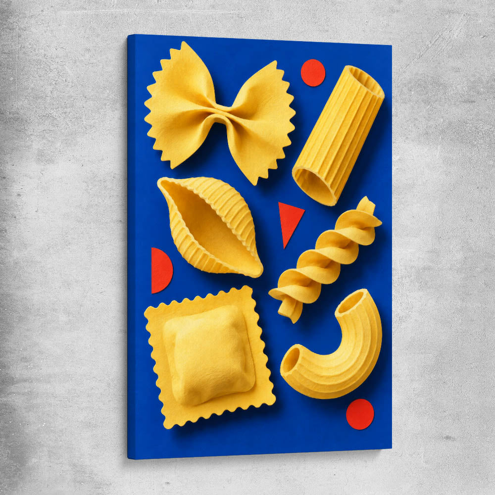 Sculptural Pasta stretched canvas is a colourful and stylish canvas wall art and print suited for the kitchen area