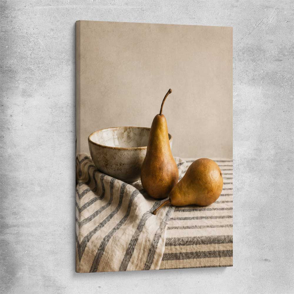 Tuscan Pears stretched canvas is a colourful and stylish canvas wall art and print suited for the kitchen area