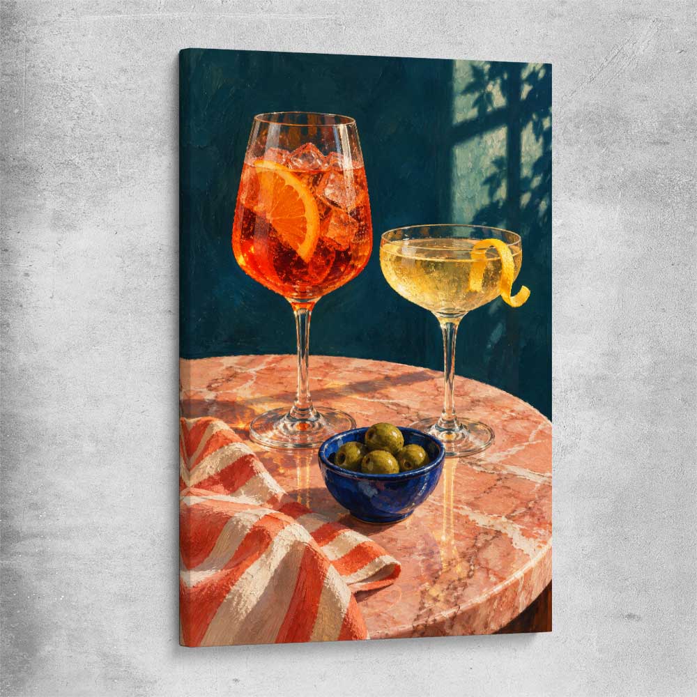 Twilight Aperitivo stretched canvas is a colourful and stylish canvas wall art and print suited for the kitchen area