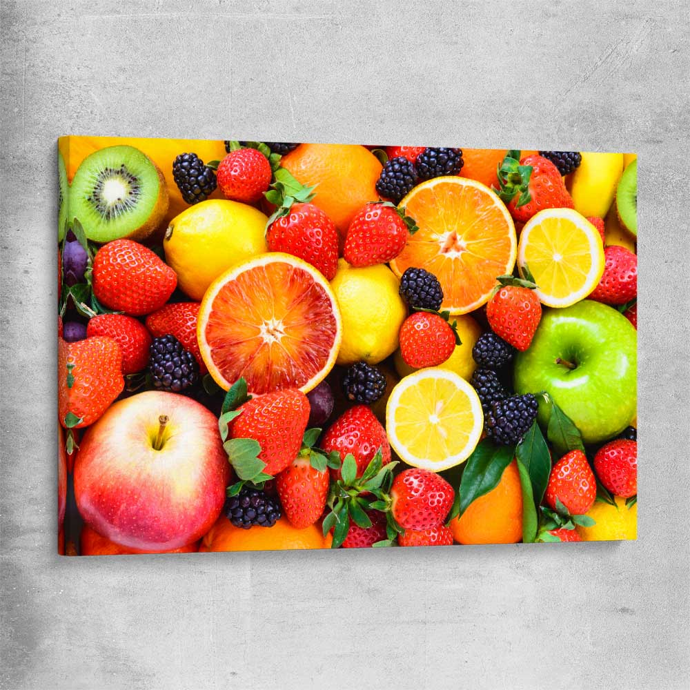 Vibrant Fruit Medley stretched canvas is a colourful and stylish canvas wall art and print suited for the kitchen area