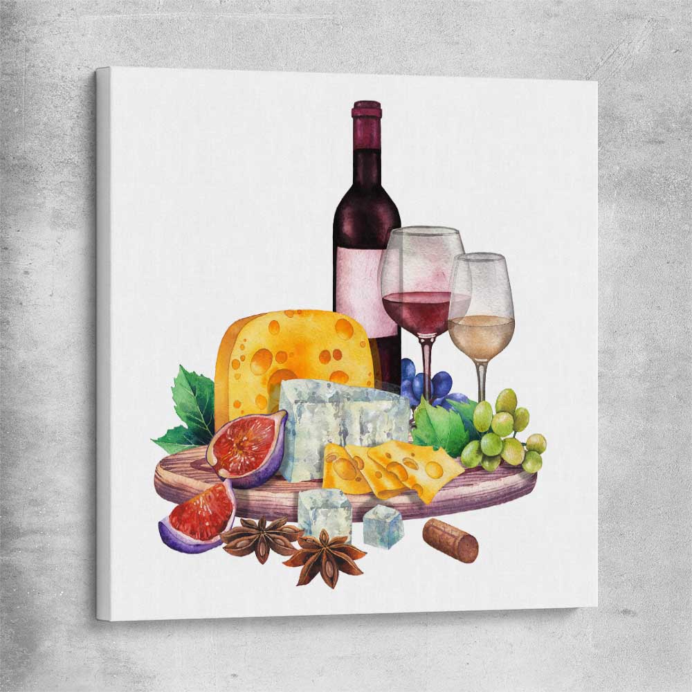 Wine and Cheese Feast stretched canvas is a colourful and stylish canvas wall art and print suited for the kitchen area
