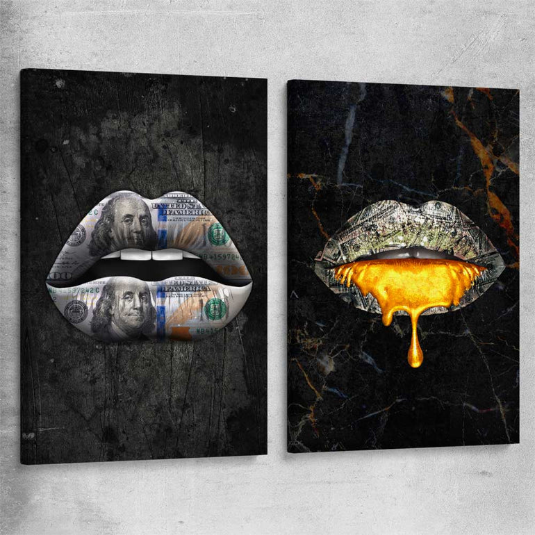 Money Lips Pair stretched canvas - part of our high quality canvas lips wall art collection