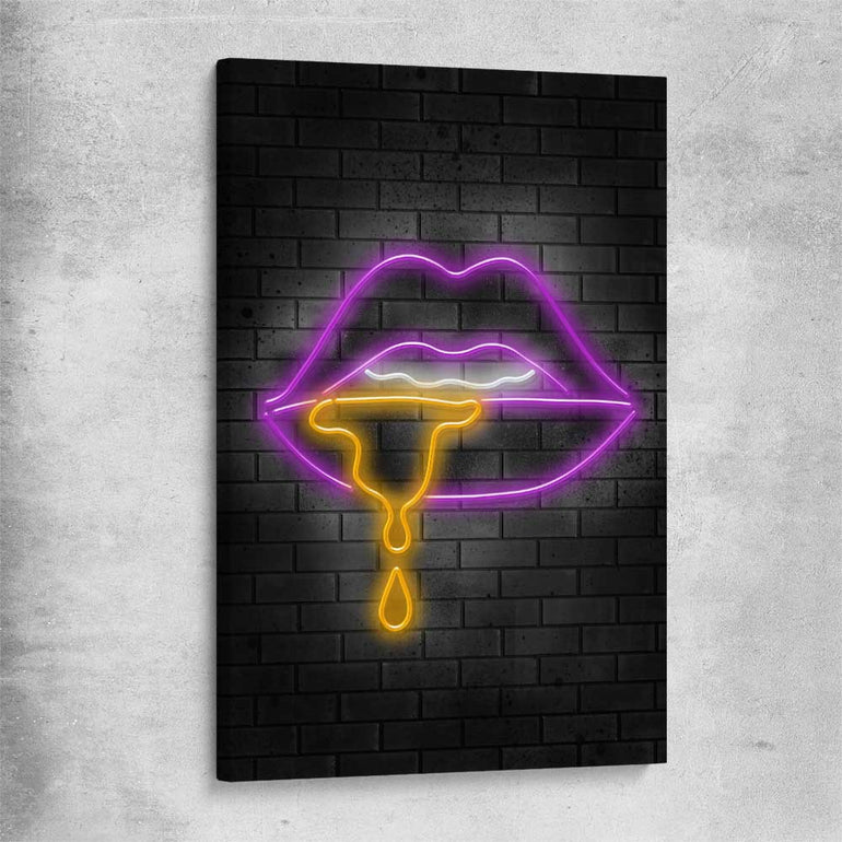 Neon Lips stretched canvas - part of our high quality canvas lips wall art collection