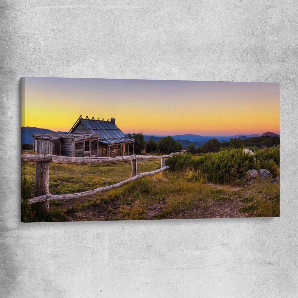 Floral print of Craigs Hut at Sunset on a stretched canvas